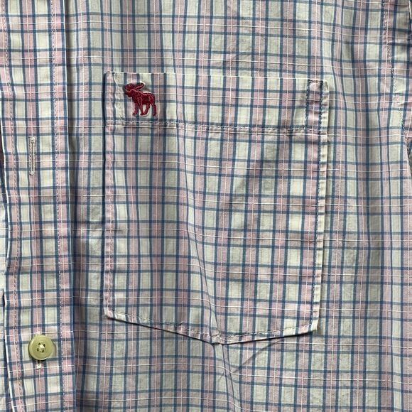 Abercrombie & Fitch Muscle Mens Shirt Large Pink Plaid Gingham Logo Cotton VTG - Picture 4 of 16